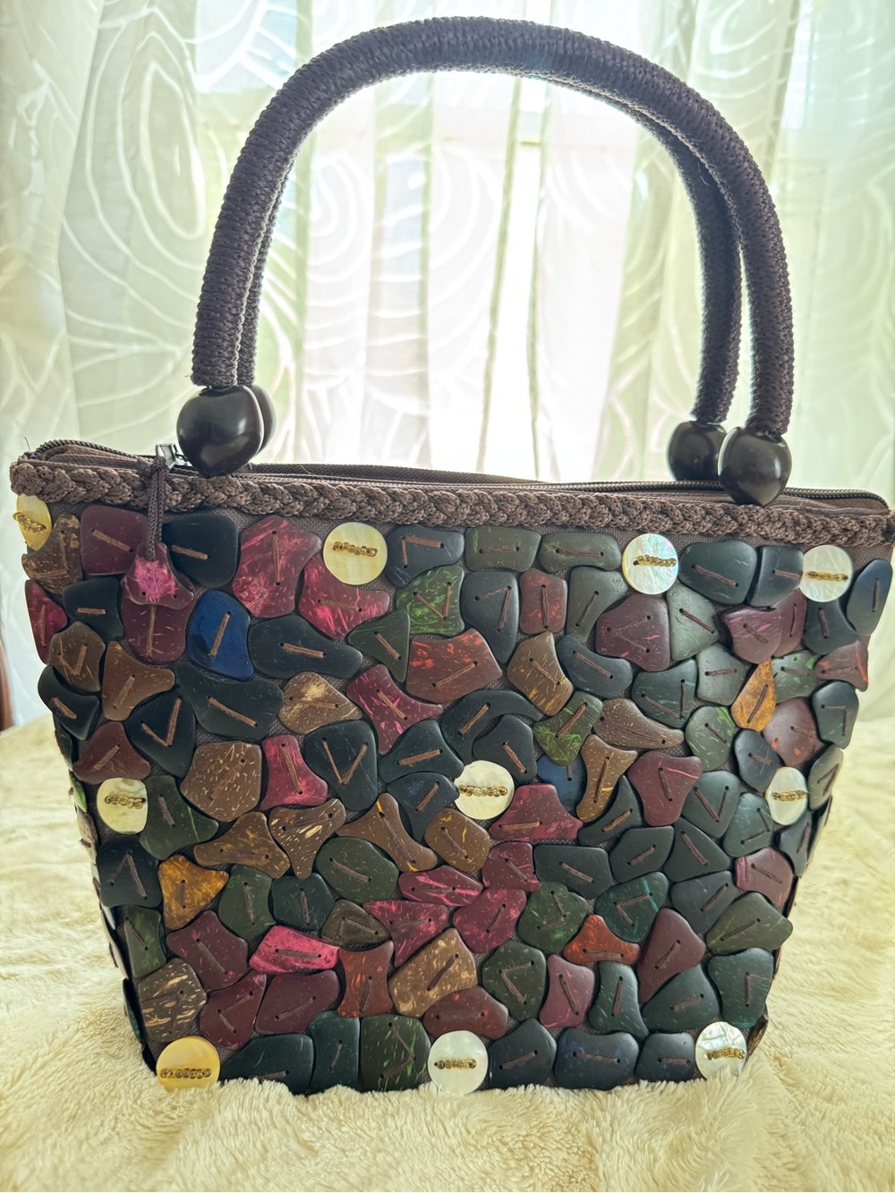 Handcrafted Multi-Color Mosaic Tote with Dark Brown Handles
